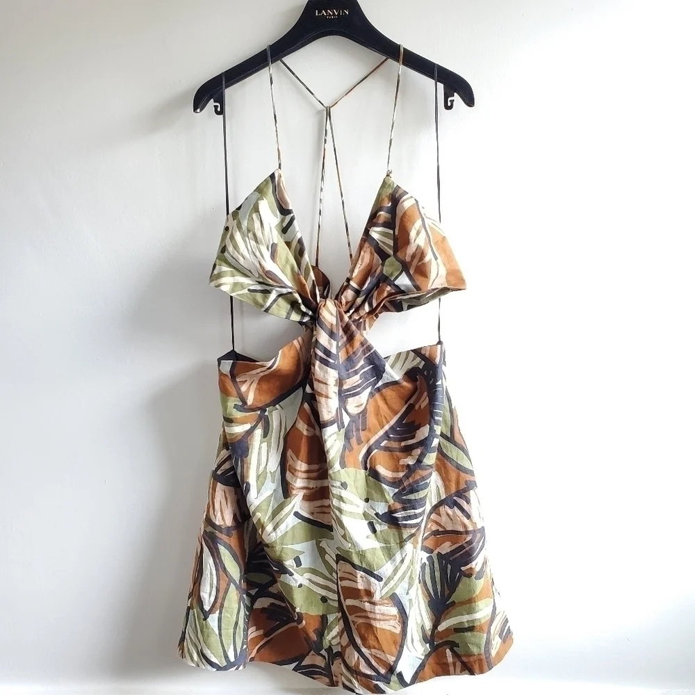 Zara Side Cutouts Spaghetti Straps Tropical Print Linen Mini Dress NWT S…
